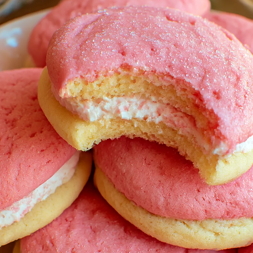 A stack of pink and white cookies.