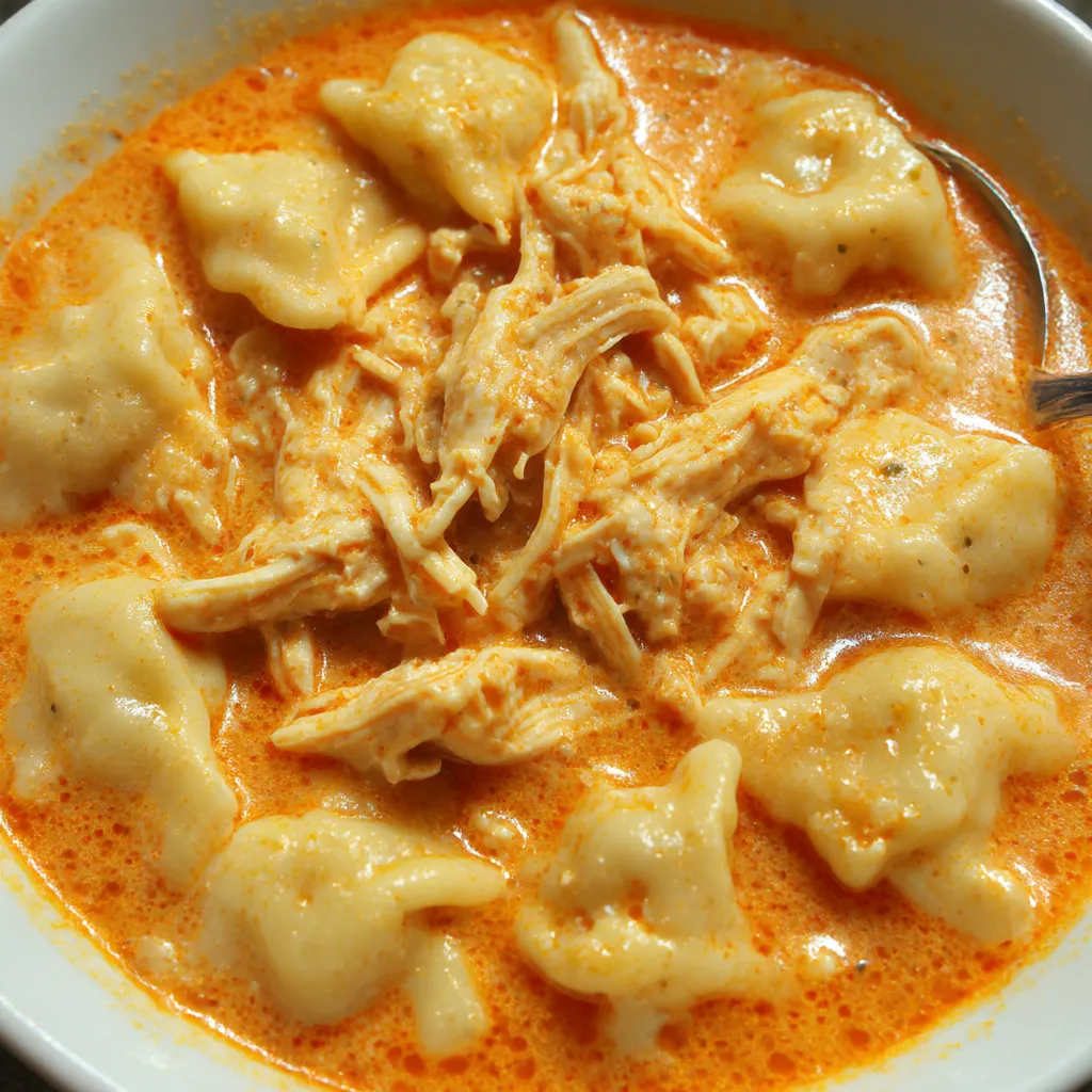 A bowl of chicken and dumplings.