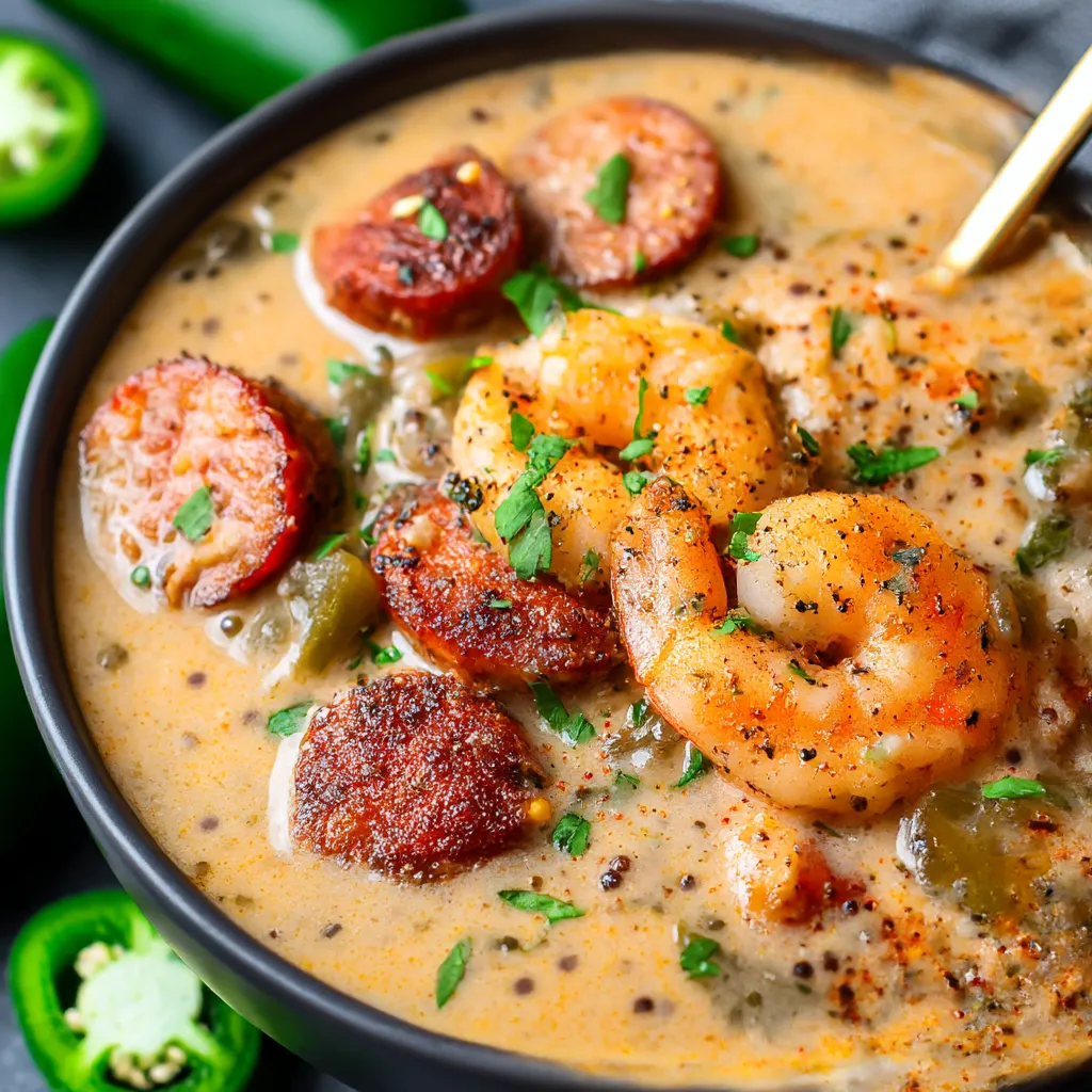 A bowl of Cajun White Chicken Chili with shrimp and sausage.