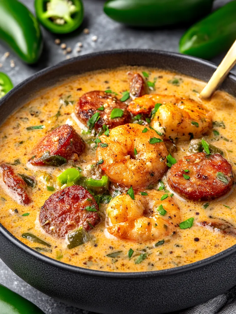 A bowl of Cajun White Chicken Chili with shrimp and peppers.