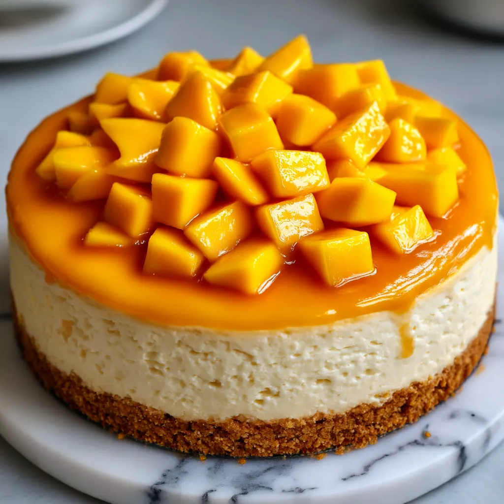 A slice of tropical mango cheesecake.