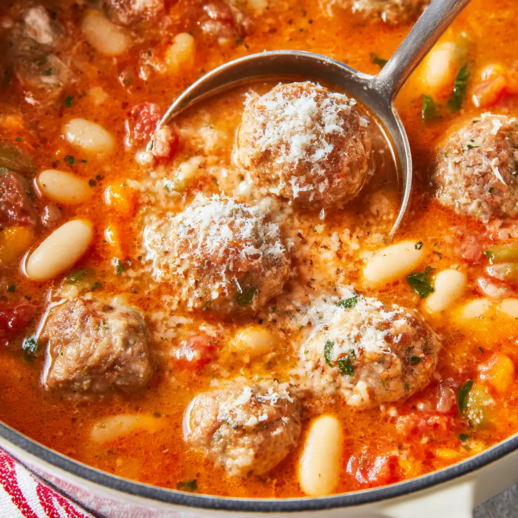 A bowl of meatball soup with a spoon in it.