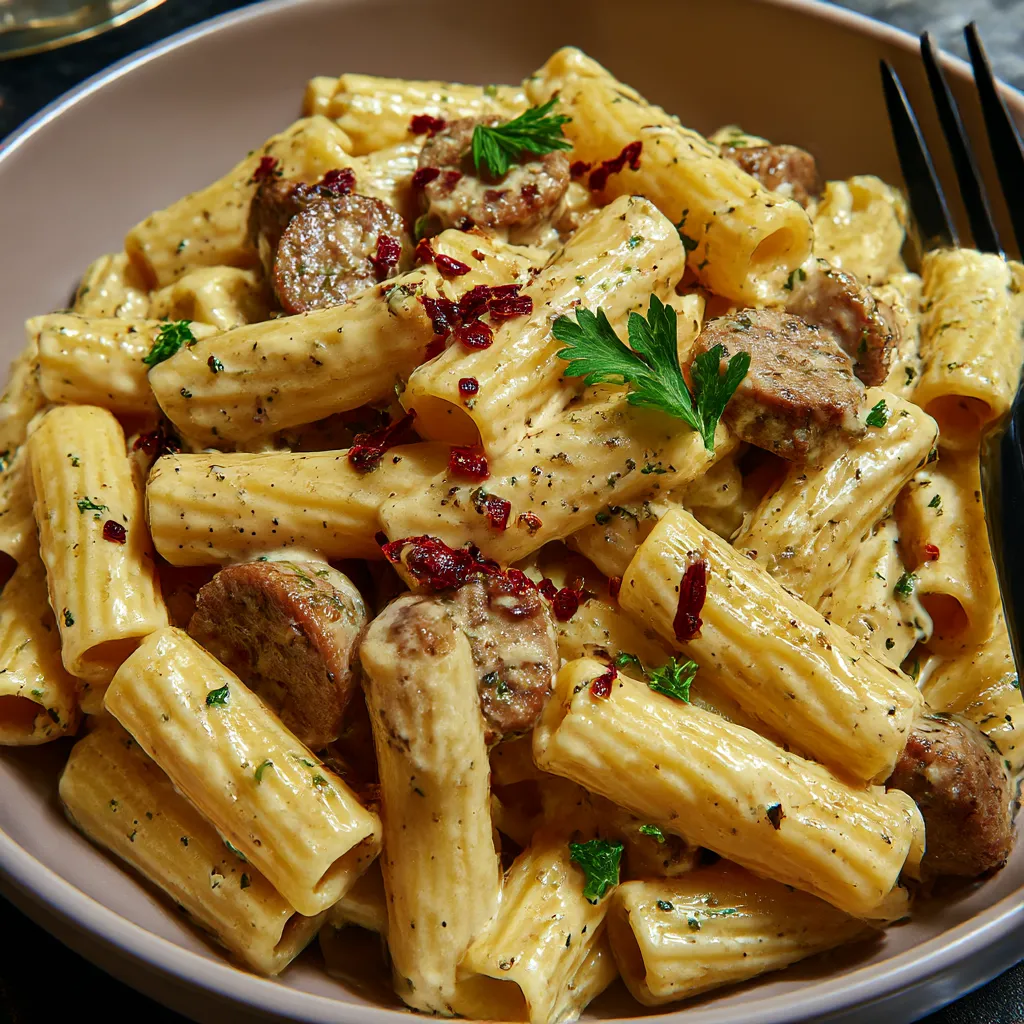 A bowl of pasta with sausage and mozzarella cheese.