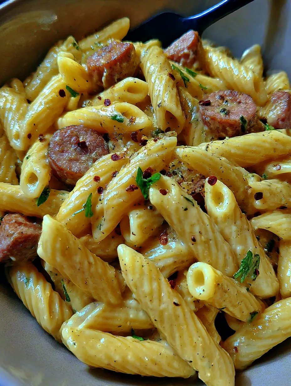 A plate of pasta with sausage and mozzarella cheese.