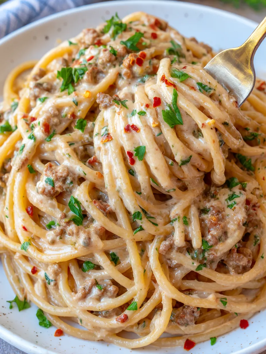 A plate of spaghetti with meat and peppers.