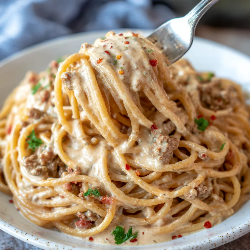 A plate of spaghetti with meat and cheese on top.