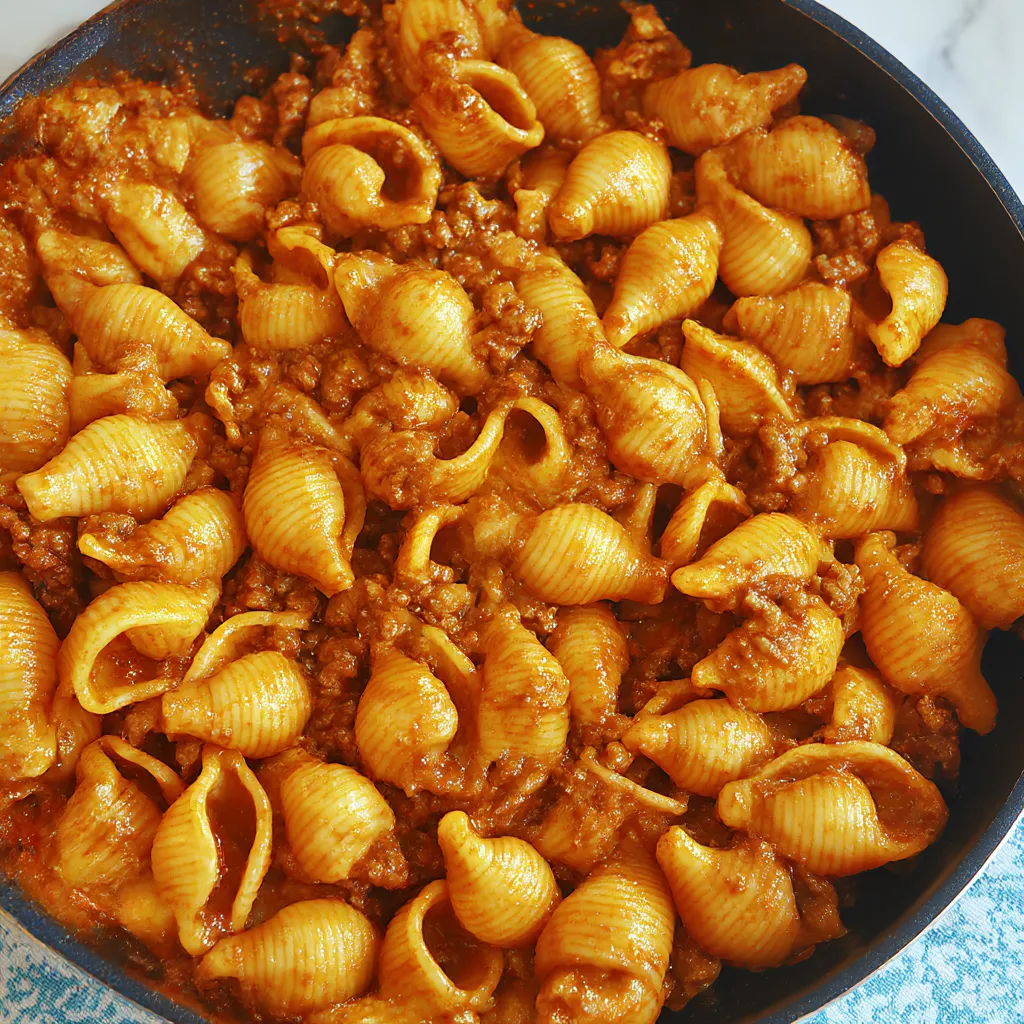 A bowl of pasta with meat sauce.