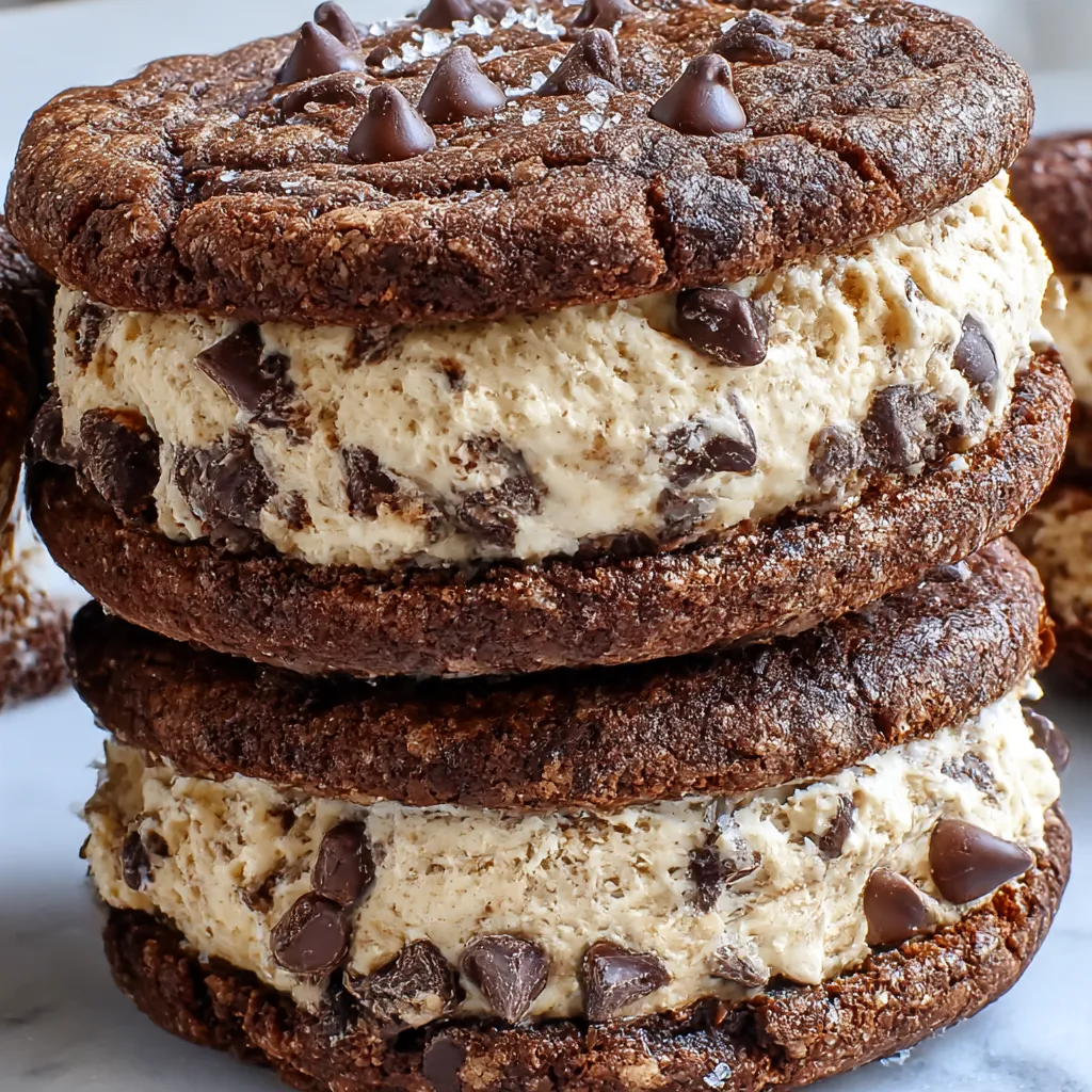 A stack of three brownies with chocolate chips.