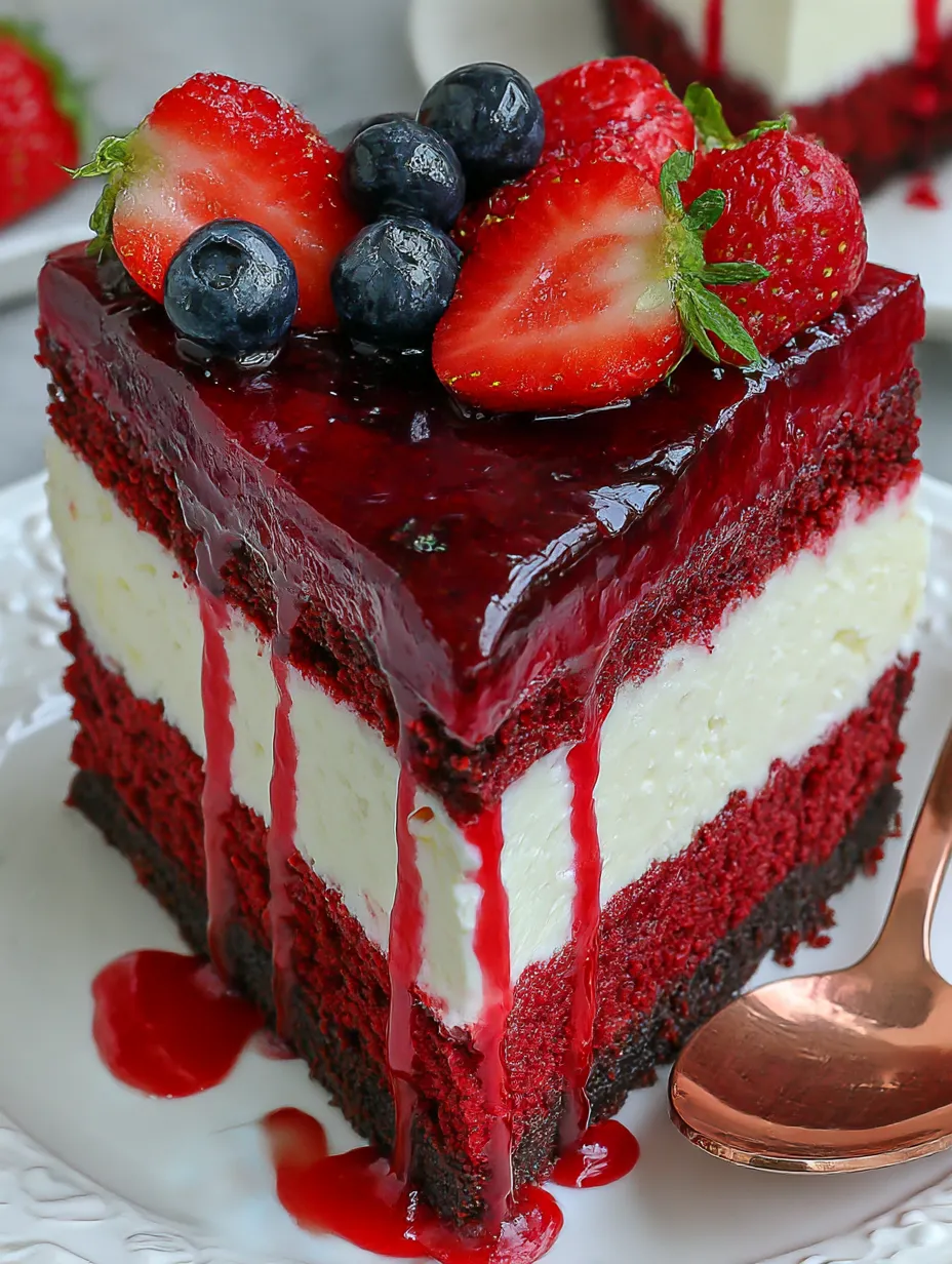 A slice of turtle caramel cake with blueberries and strawberries on top.