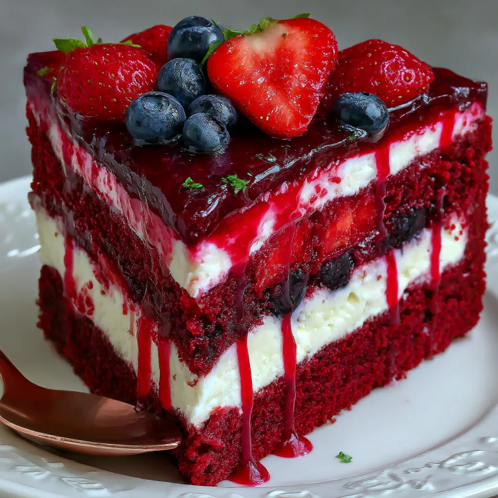 A slice of turtle caramel cake with blueberries and strawberries on top.