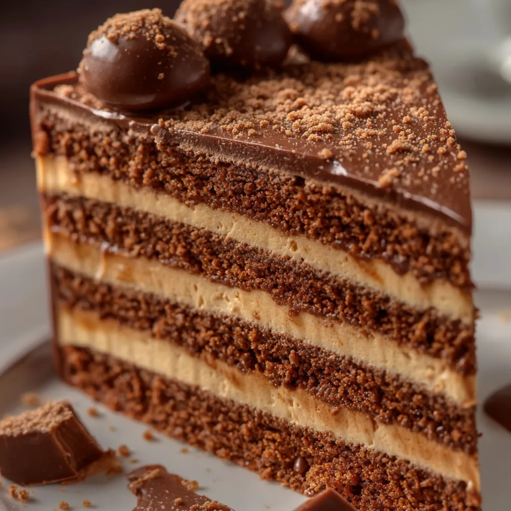 A slice of a chocolate cake with chocolate chips on top.