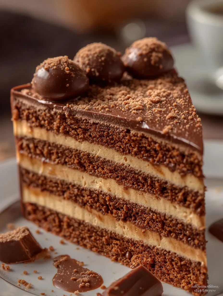 A slice of chocolate cake with chocolate chips on top.