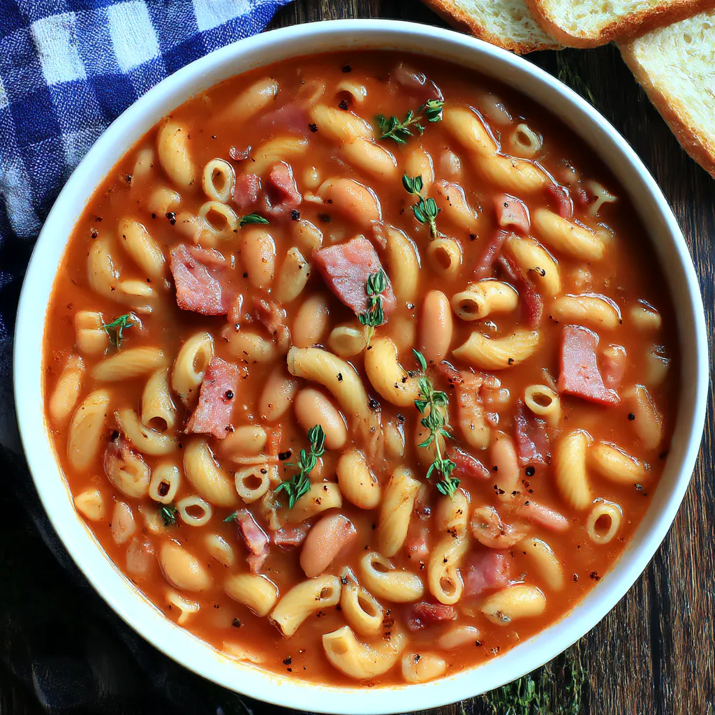 A bowl of pasta fazool with meat and vegetables.