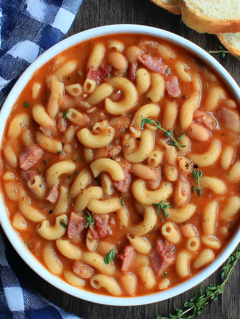 A bowl of pasta fazool with noodles and beans.