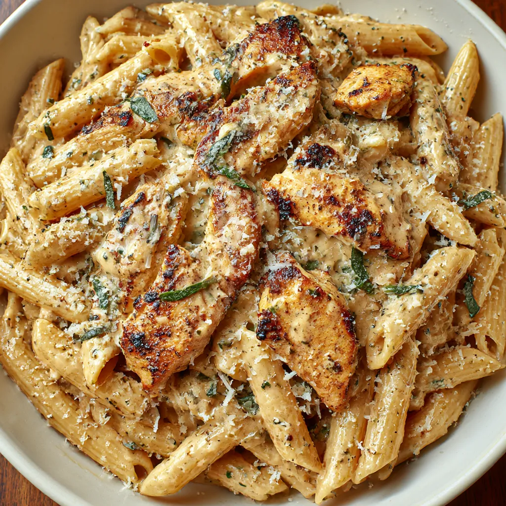 A plate of chicken garlic parmesan pasta.