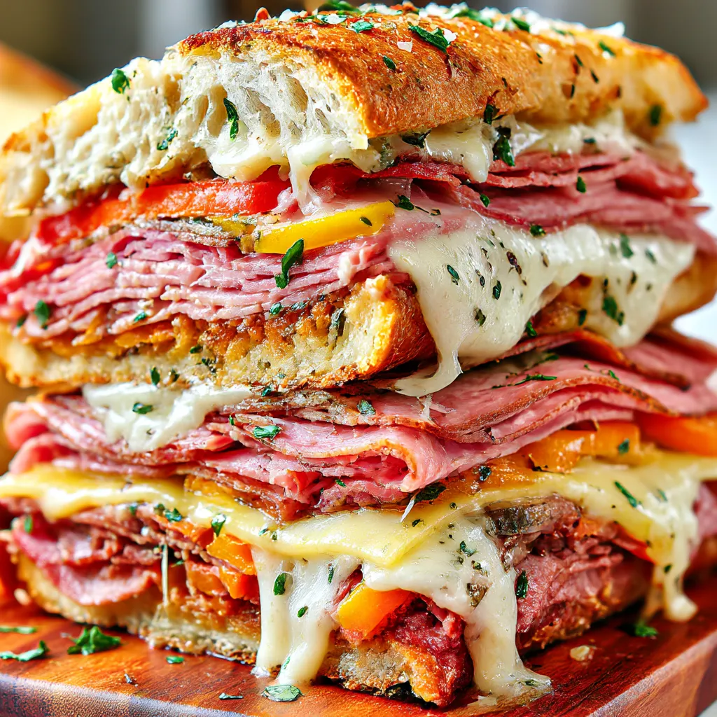 A stack of muffuletta sandwiches.