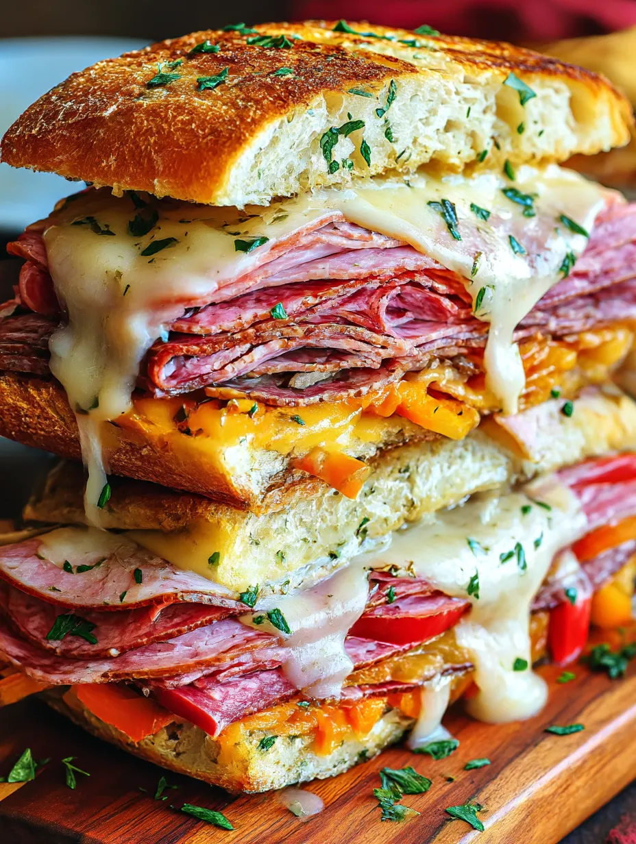 A stack of muffuletta sandwiches.