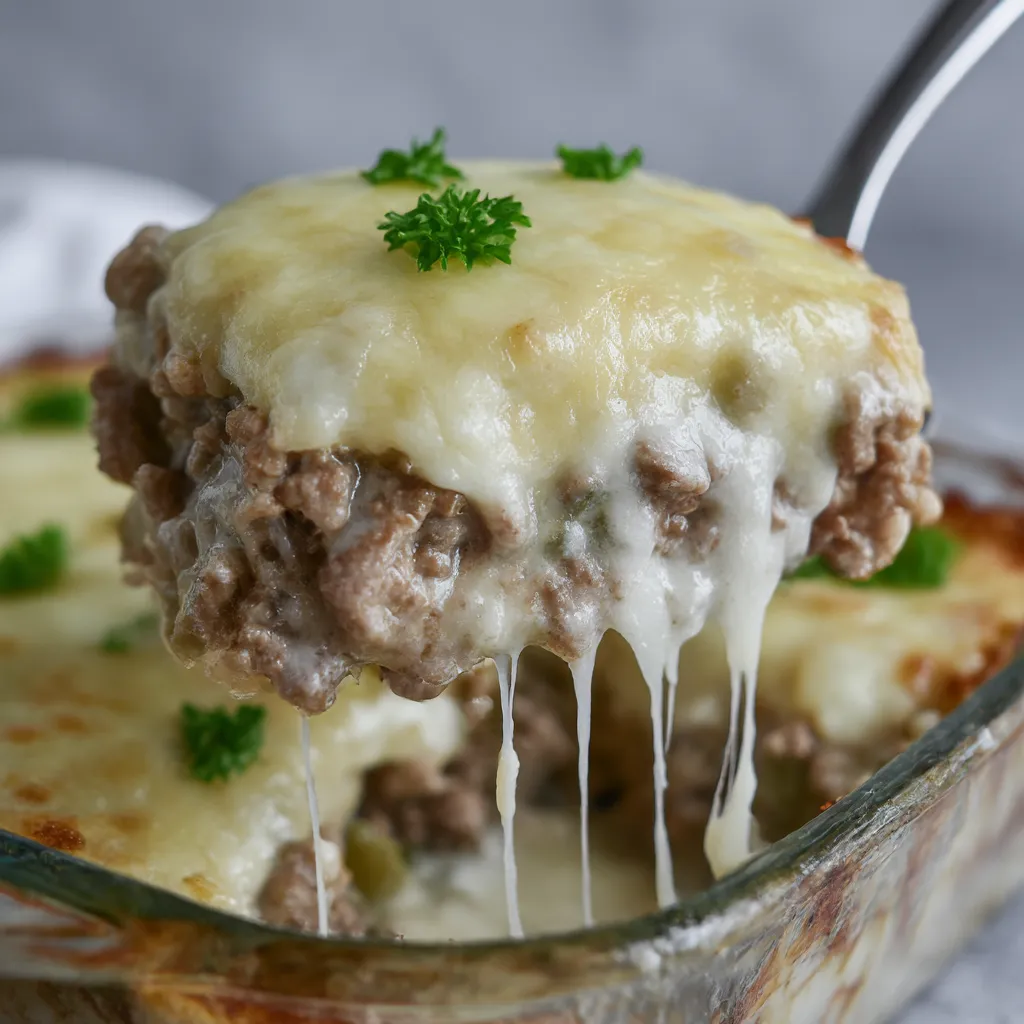 A slice of Philly Cheesesteak Casserole.