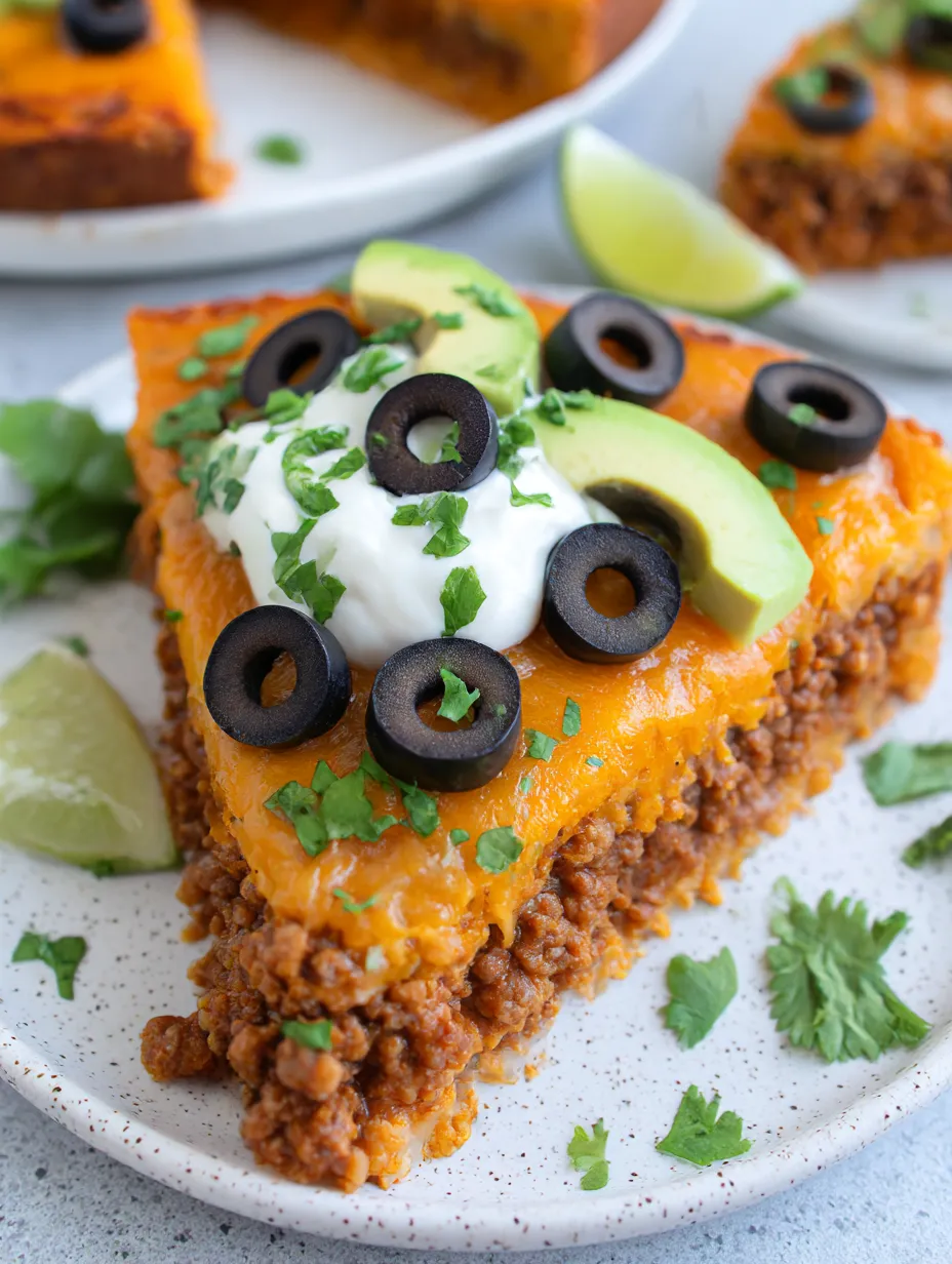 A slice of crustless keto taco pie with black olives and white cheese on top.