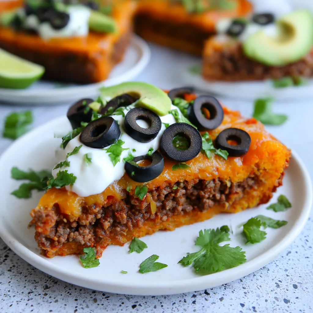 A slice of crustless keto taco pie with black olives and white cheese on top.
