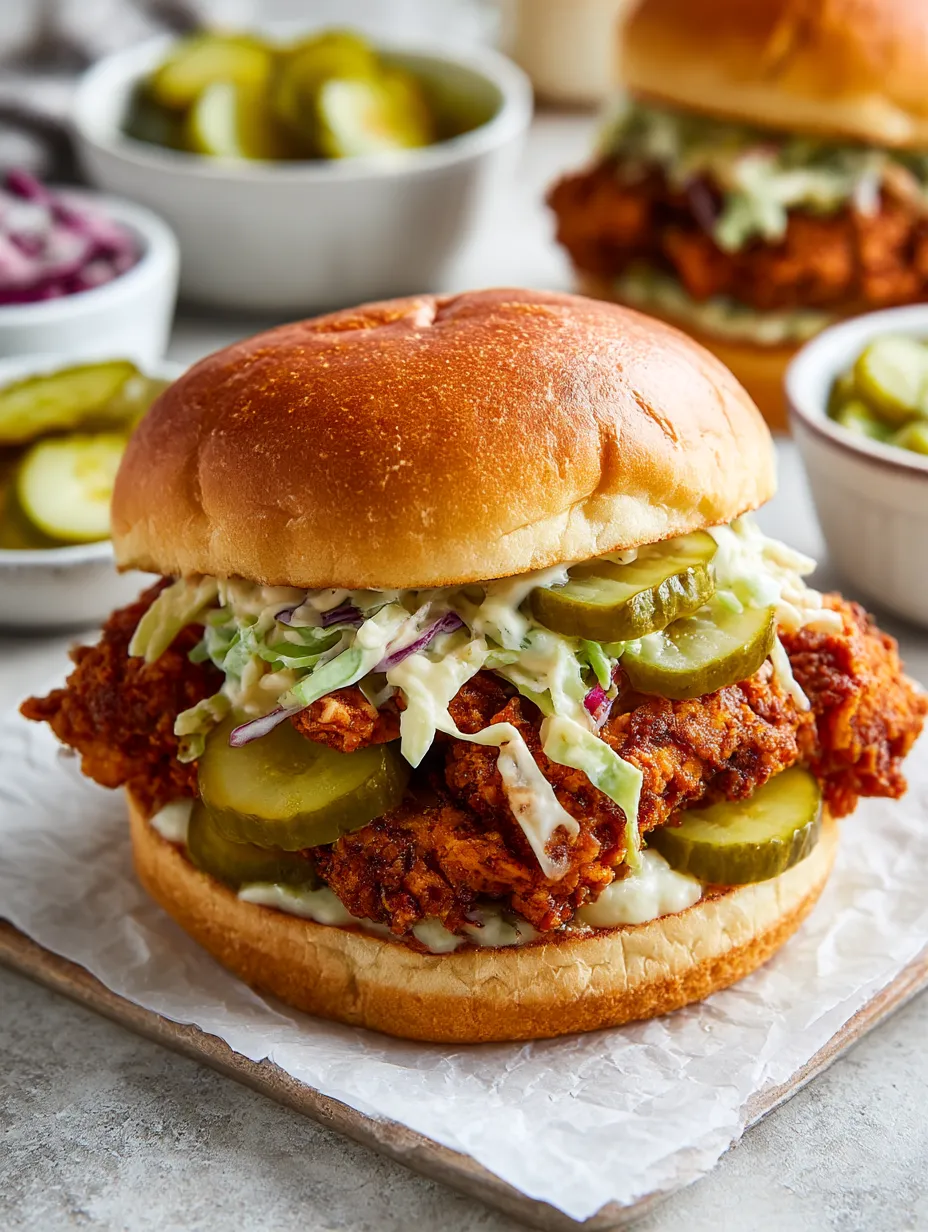 A Nashville Hot Chicken Sandwich with coleslaw and pickles.