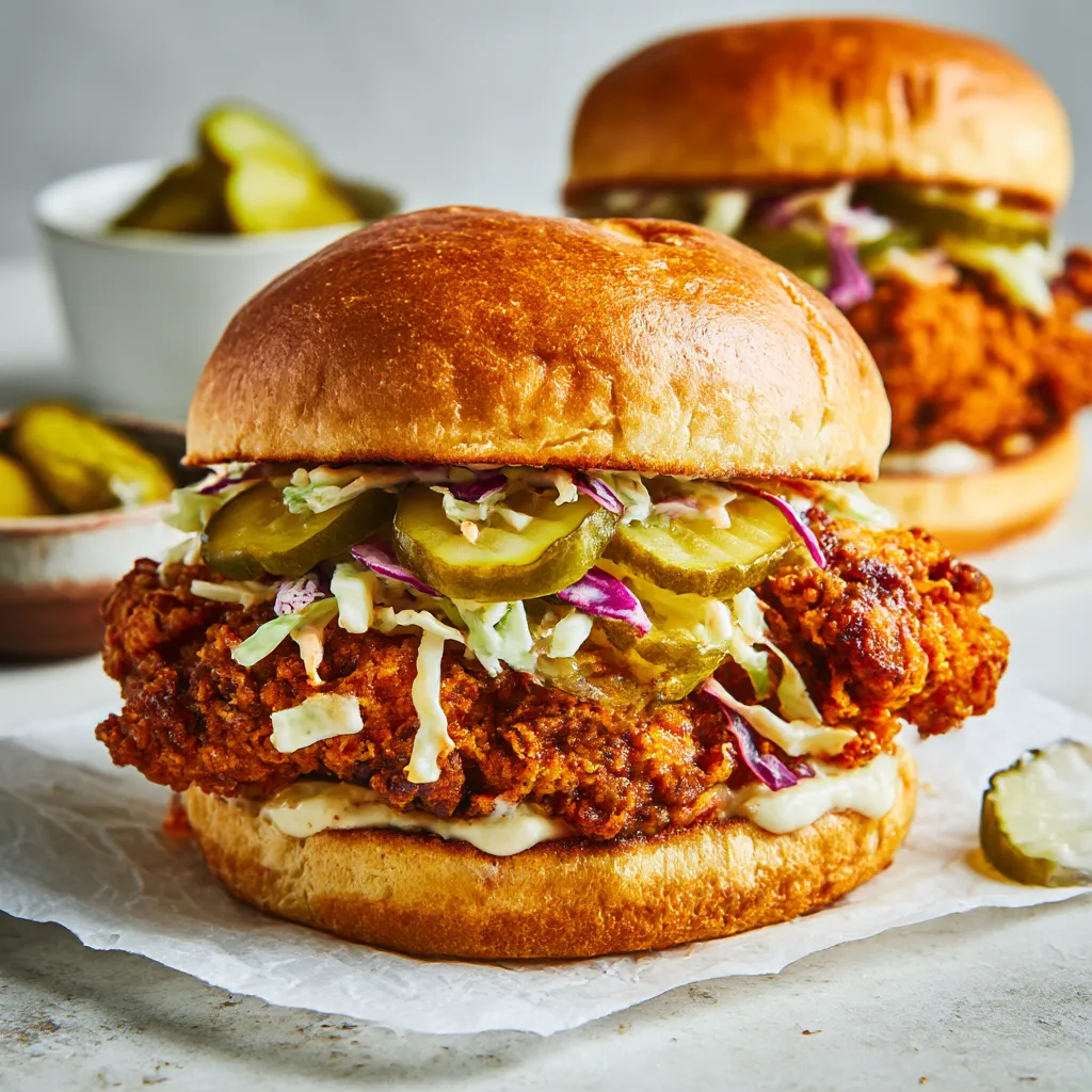 Two Nashville Hot Chicken Sandwiches with pickles and slaw.