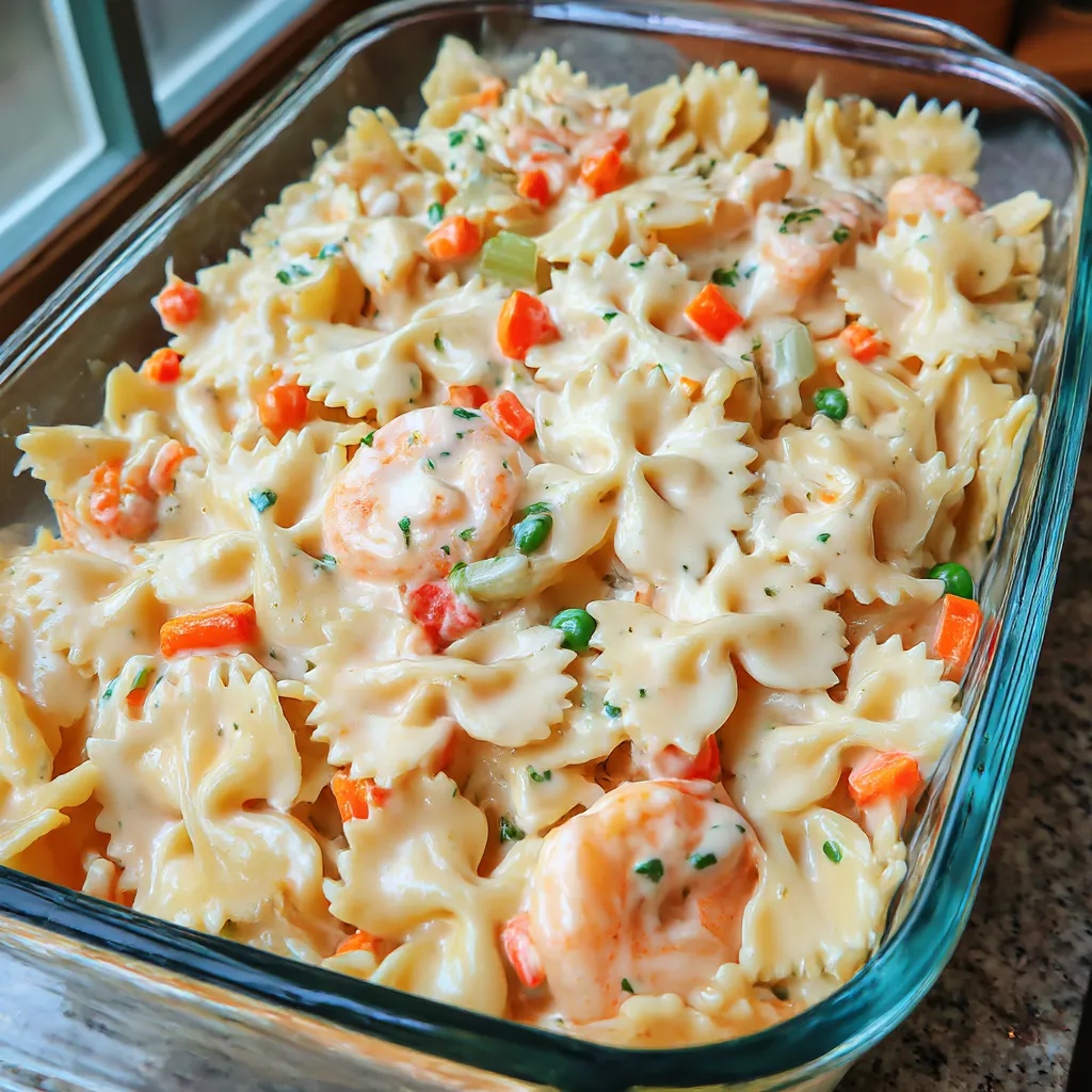 A dish of shrimp pasta salad.