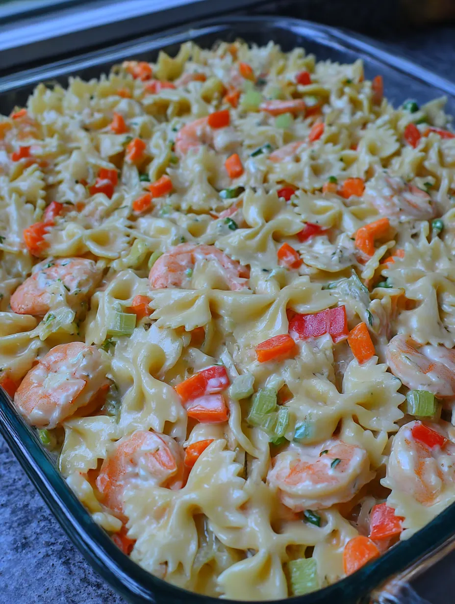 A dish of shrimp pasta salad.