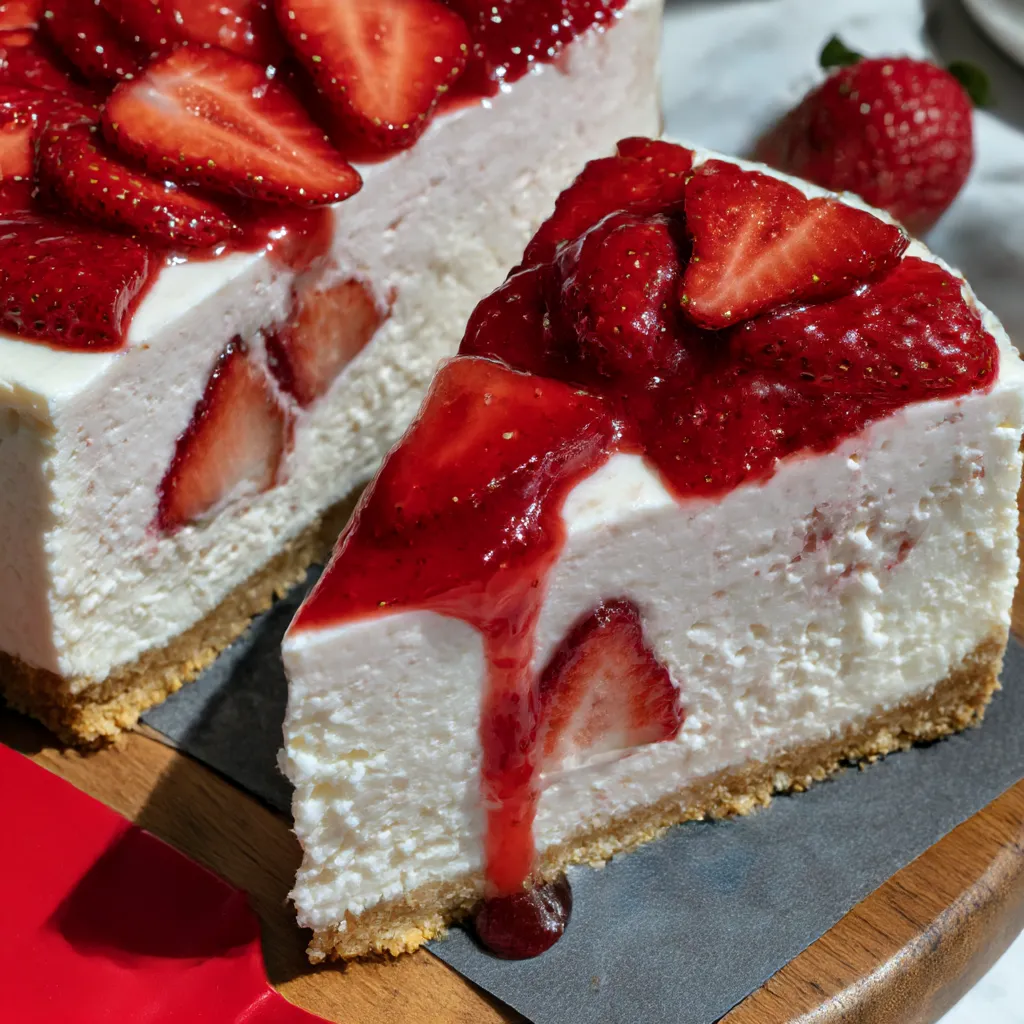 A slice of strawberry cheesecake with a strawberry on top.