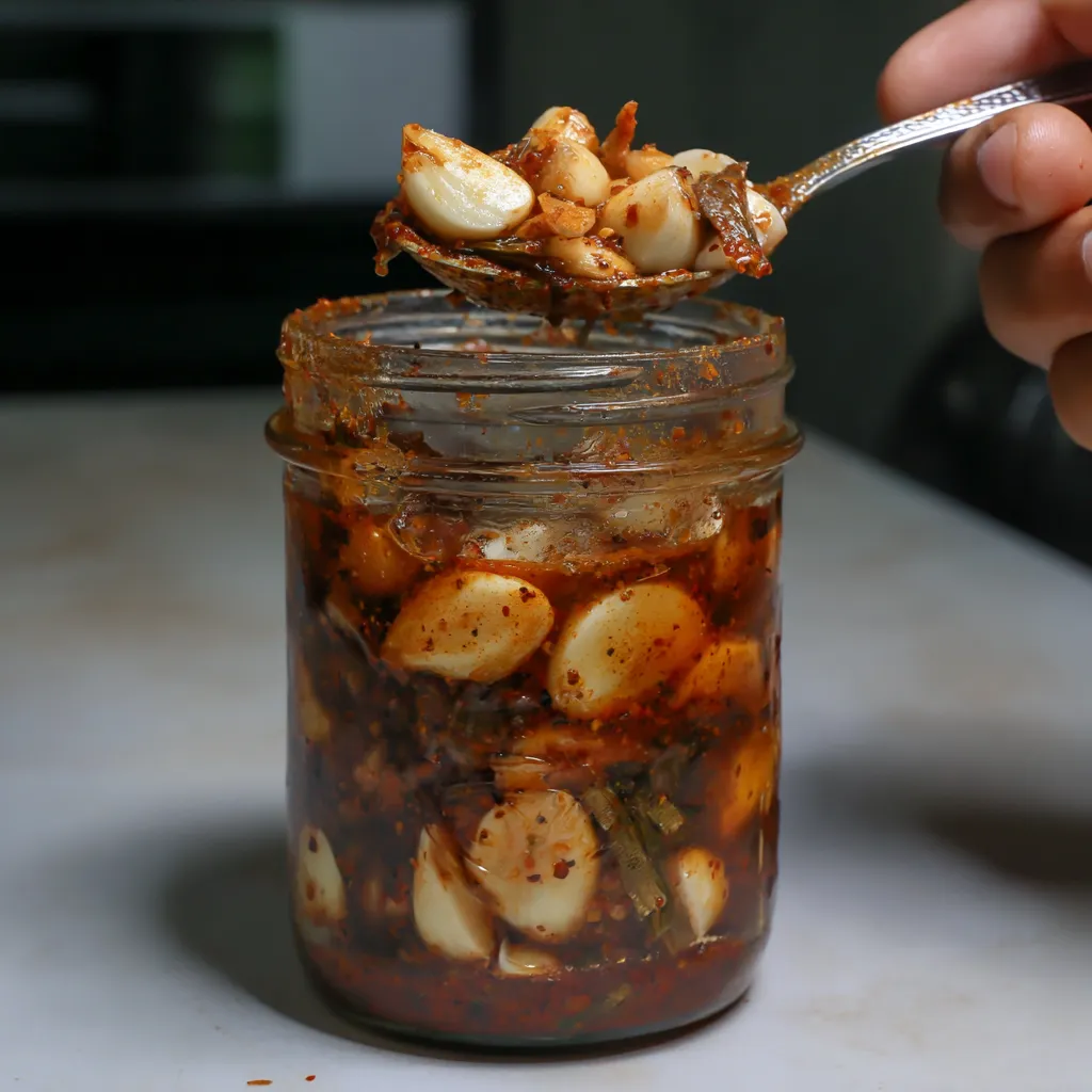 A jar of pickled garlic with a spoon in it.