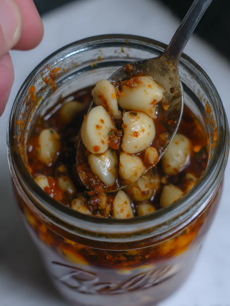 A jar of pickled garlic with a spoon in it.