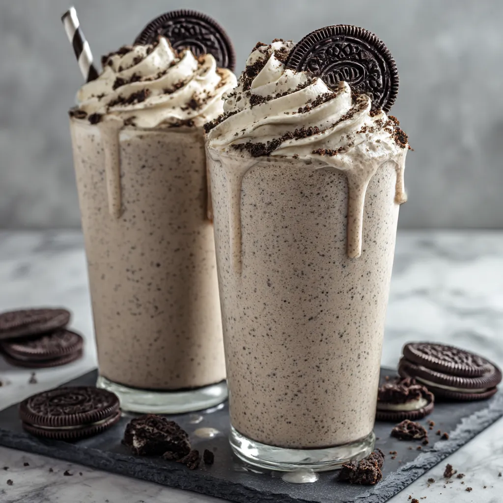 Two glasses of milkshake with Oreo cookies on a table.