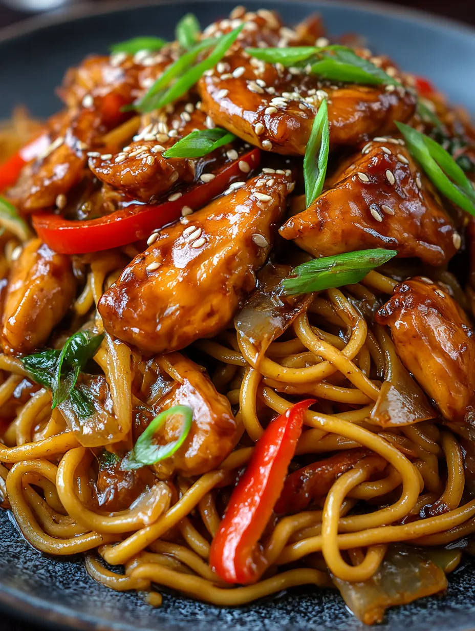 A plate of chicken chow mein with peppers and onions.
