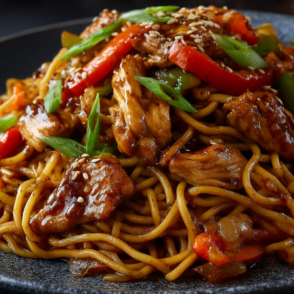 A plate of chicken chow mein with peppers and onions.