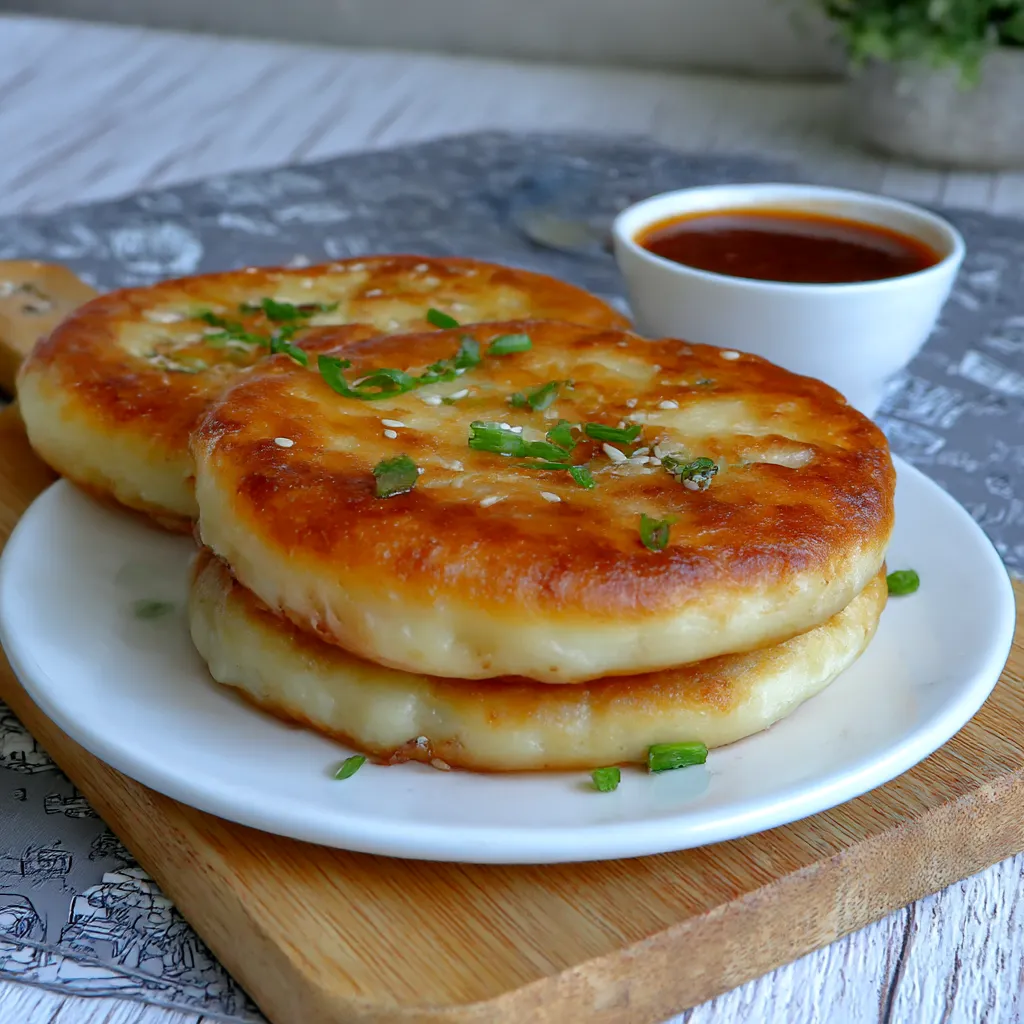 Two pieces of Korean cheese pancake on a plate.