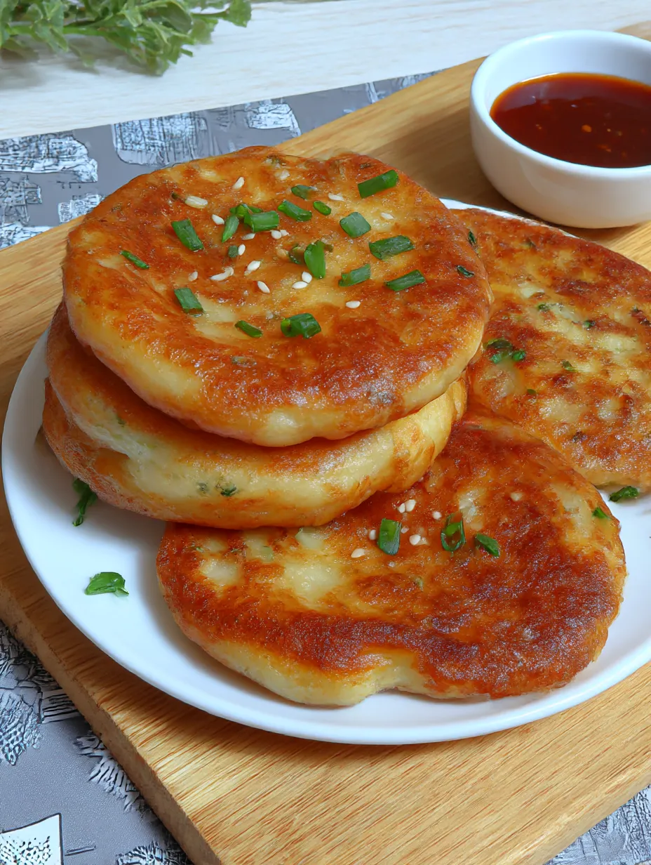 A stack of Korean cheese pancakes on a plate.
