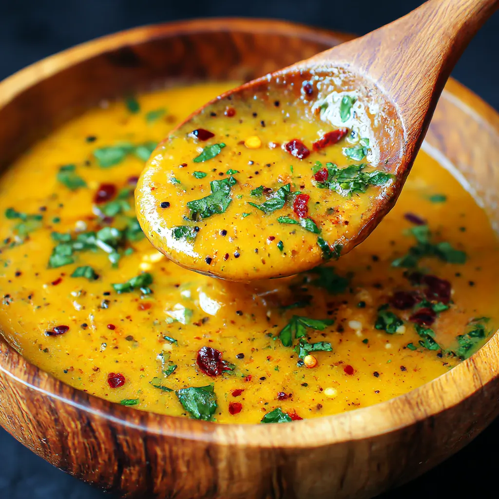 A wooden spoon is being used to scoop up some Cajun garlic butter sauce.