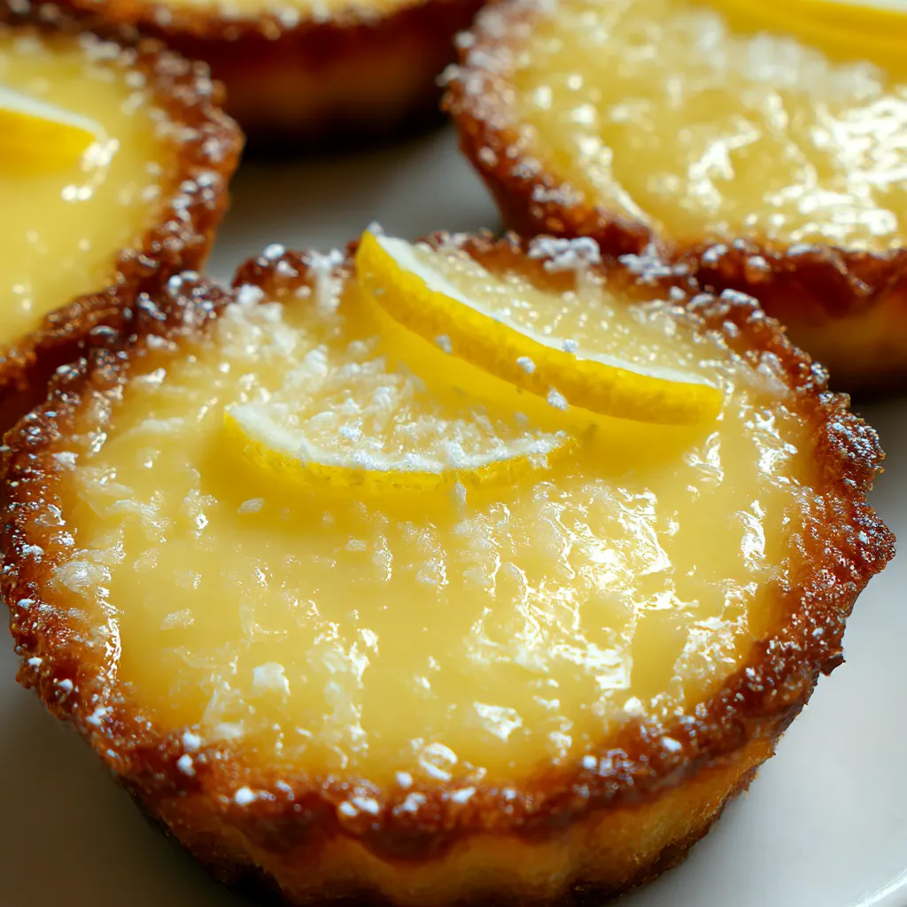 A plate of lemon pies with a slice of lemon on top.