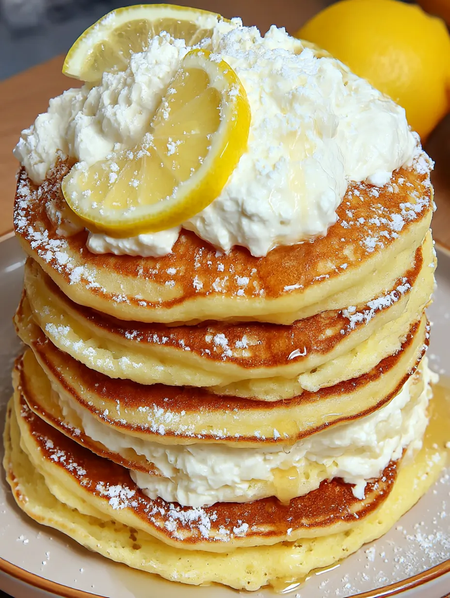 Lemon Ricotta Pancakes stacked on a plate.