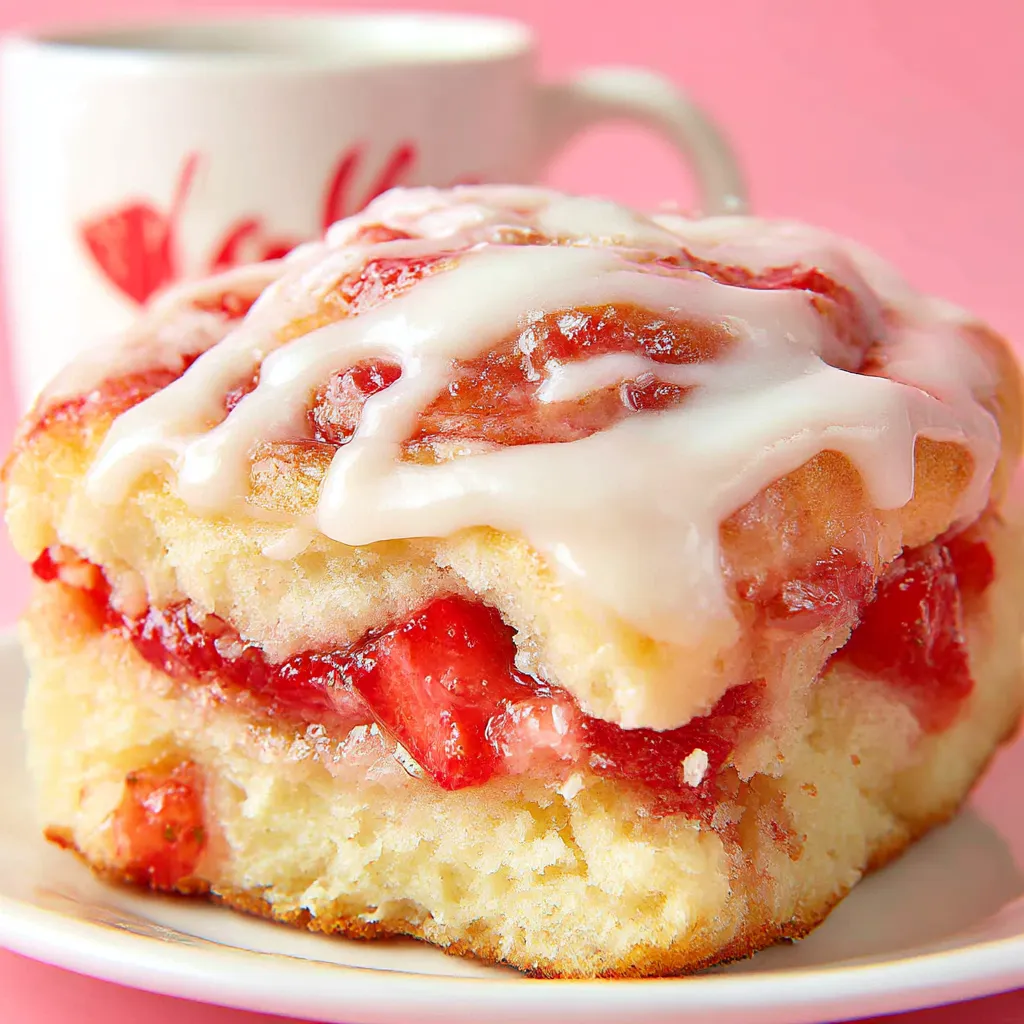 A plate of strawberry cinnamon rolls.