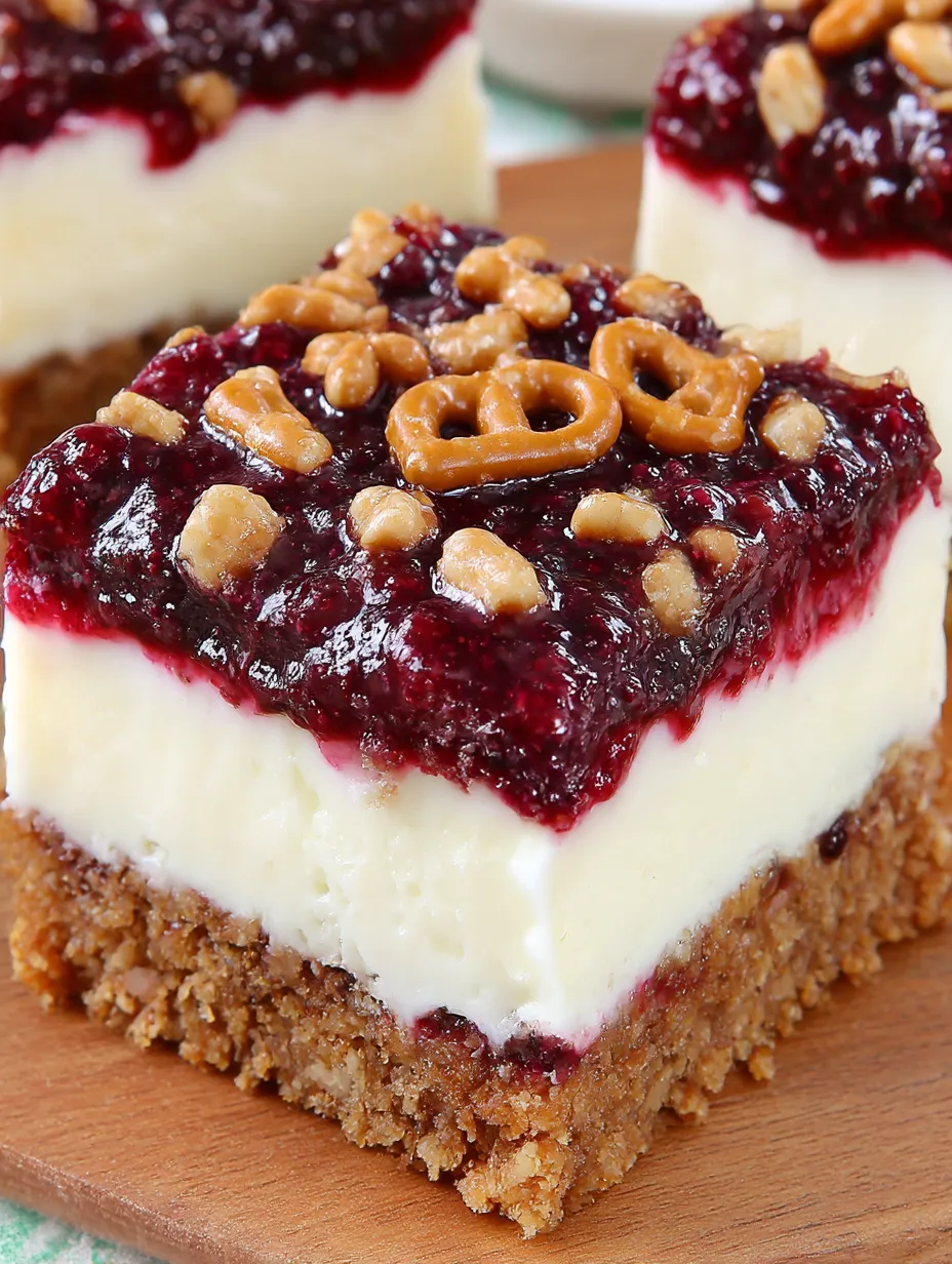 A slice of blackberry pretzel dessert.
