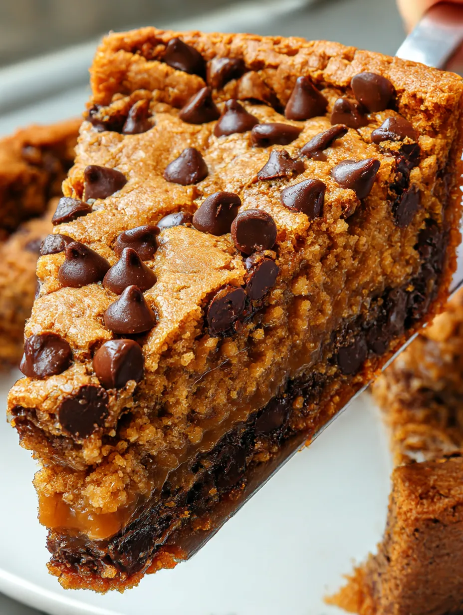 A slice of deep dish chocolate chip cookie pie.
