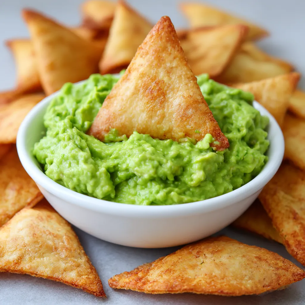 A bowl of green dip with tortilla chips.
