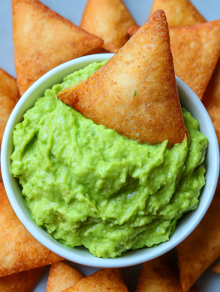 A bowl of guacamole with a tortilla chip on top.