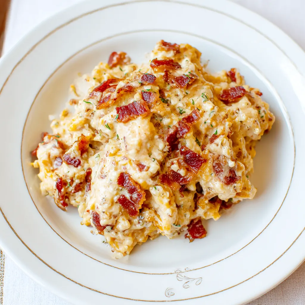 A plate of bacon and cheese covered chicken.