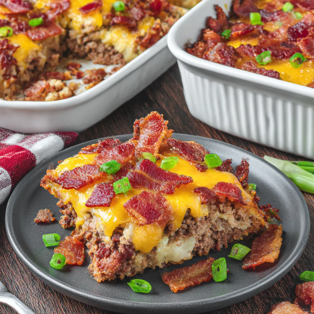 A casserole with bacon and cheese on top.
