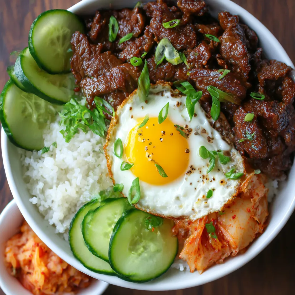 A bowl of beef bulgogi with rice, cucumbers, and an egg.