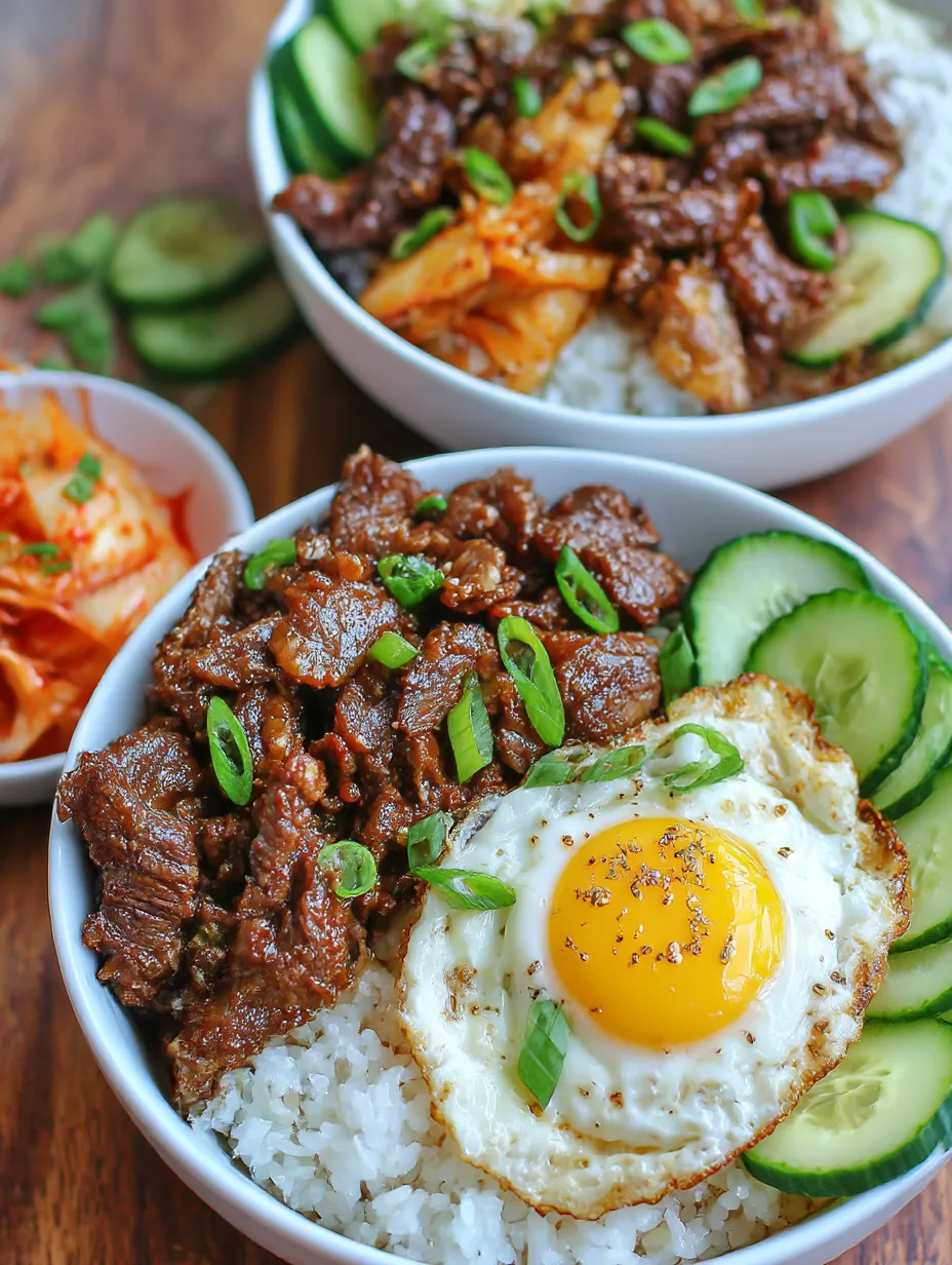 Two bowls of beef bulgogi with rice and vegetables.