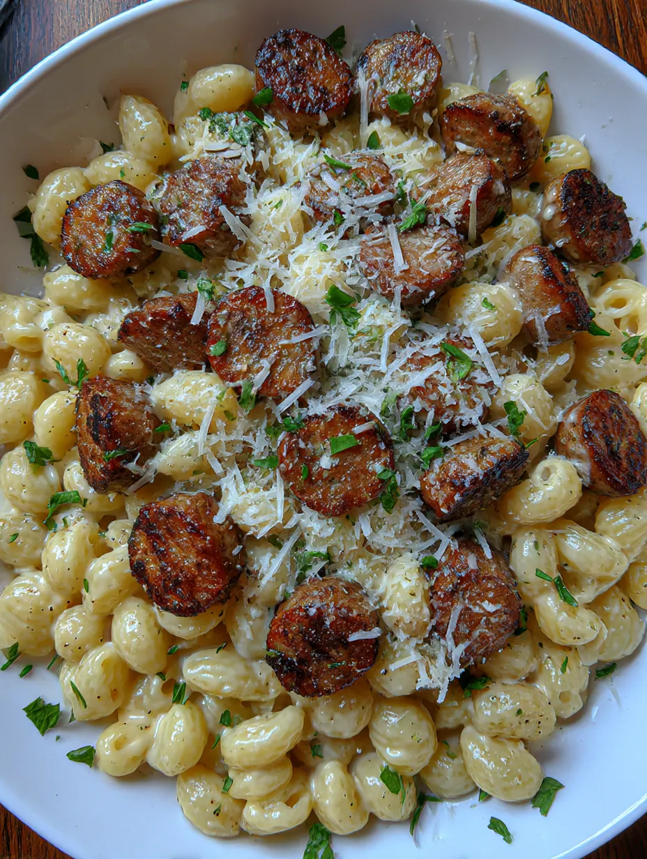 A plate of garlic butter sausage bites with creamy parmesan pasta.