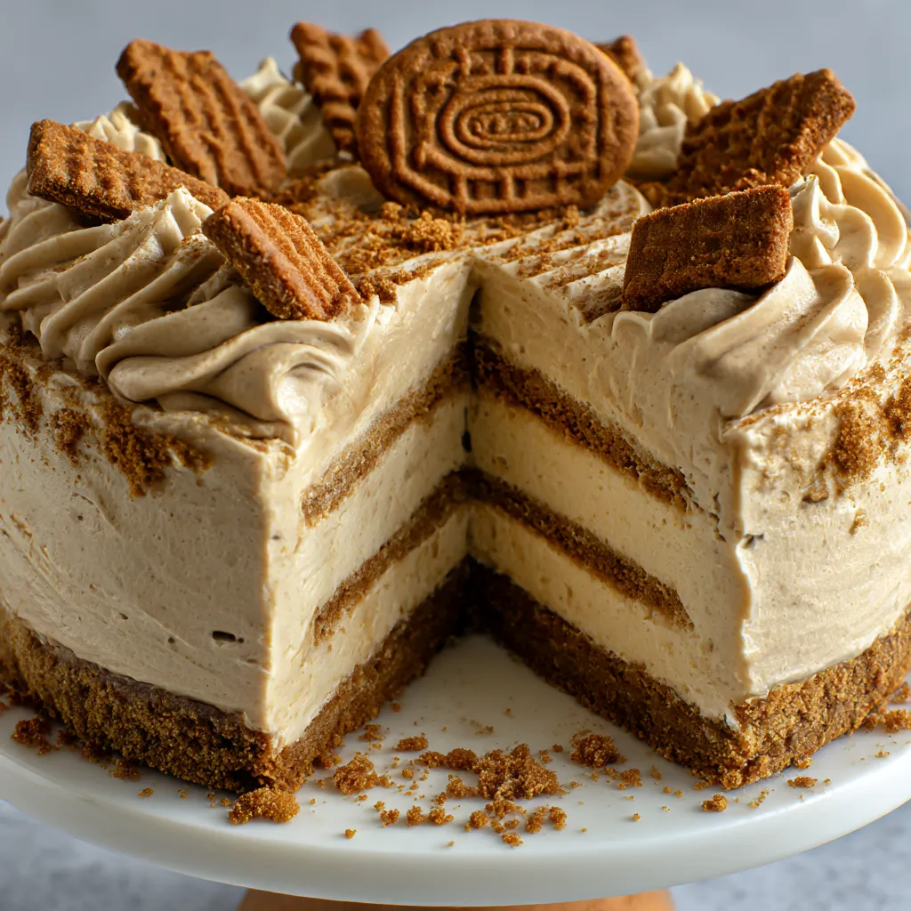 A slice of No Bake Biscoff Cheesecake.